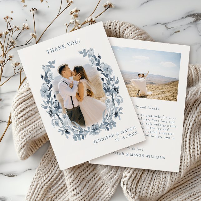 Boho Chic Dusty Blue Grey Floral Wedding Photo Thank You Card (Creator Uploaded)
