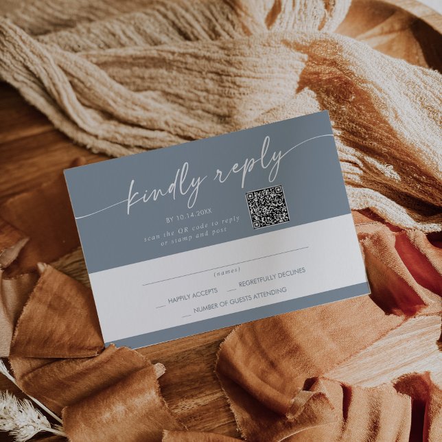 Boho Chic Dusty Blue Mail In and QR Code RSVP Card (Creator Uploaded)