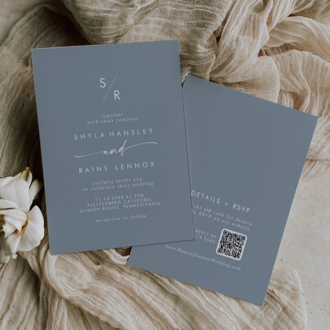 Boho Chic Dusty Blue Monogram QR Code Wedding Invitation (Creator Uploaded)