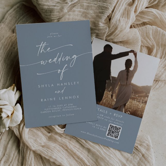 Boho Chic Dusty Blue Photo QR Code Wedding Invitation (Creator Uploaded)