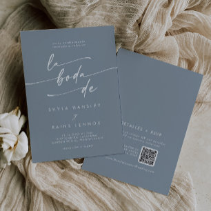 Boho Chic Dusty Blue QR Code Spanish Wedding Invitation