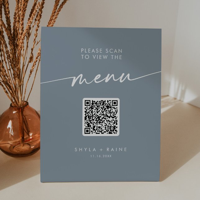 Boho Chic Dusty Blue QR Code Wedding Menu Pedestal Sign (Creator Uploaded)
