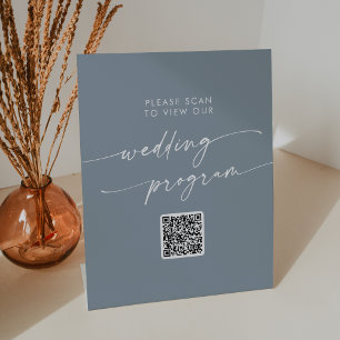 Boho Chic Dusty Blue QR Code Wedding Program Pedestal Sign