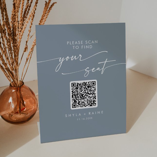 Boho Chic Dusty Blue Seating Chart QR Code Pedestal Sign (Creator Uploaded)