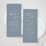 Boho Chic Dusty Blue Thank You and Wedding Menu<br><div class="desc">This boho chic dusty blue thank you and wedding menu is perfect for a minimalist wedding. The neutral light blue grey modern bohemian design features simple rustic calligraphy with a unique yet classic style. Personalise the back of your menu table card with a thoughtful thank you note to your guests,...</div>