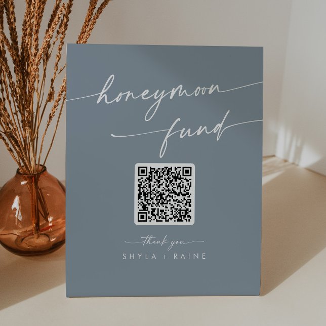 Boho Chic Dusty Blue Wedding Honeymoon Fund Pedestal Sign (Creator Uploaded)