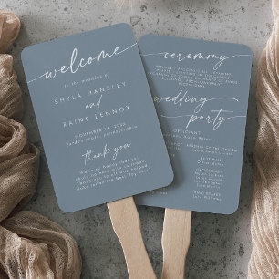Boho Chic Dusty Blue Wedding Program Hand Fan
