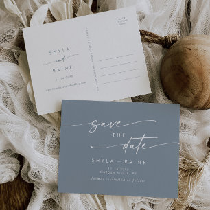 Boho Chic Dusty Blue Wedding Save the Date Invitation Postcard