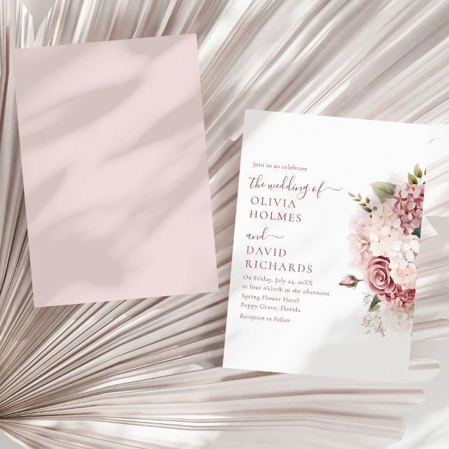 Boho Chic Dusty Rose Hydrangea Wedding Invitation (Boho Chic Dusty Rose Hydrangea Wedding Invitationon a sunny neutral dry palm leaf.)
