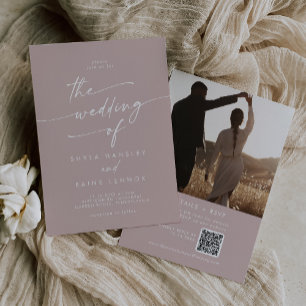Boho Chic Dusty Rose Pink Photo QR Code Wedding Invitation