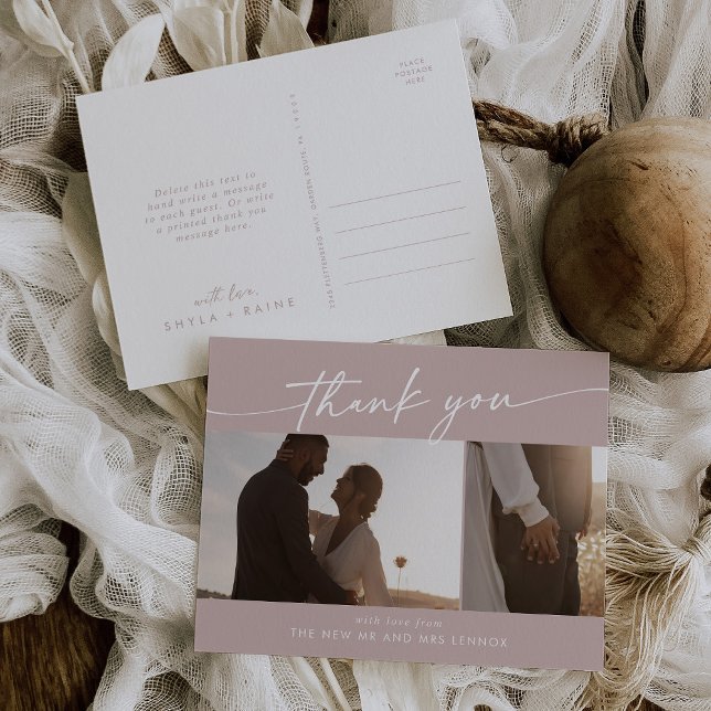 Boho Chic Dusty Rose Pink Wedding Photo Thank You Postcard (Creator Uploaded)