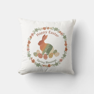 Boho Chic Easter Bunny Floral Wreath & Eggs Sprin Cushion