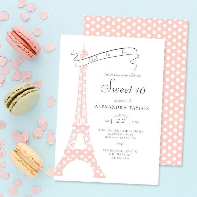 Boho Chic Eiffel Paris Blush Polka Dots Sweet 16 Invitation (Creator Uploaded)