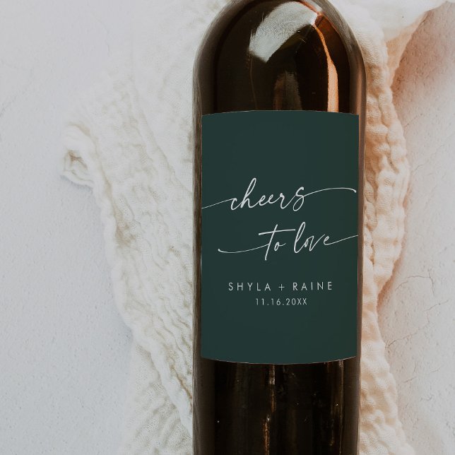 Boho Chic Emerald Green Cheers to Love Wedding Wine Label (Creator Uploaded)