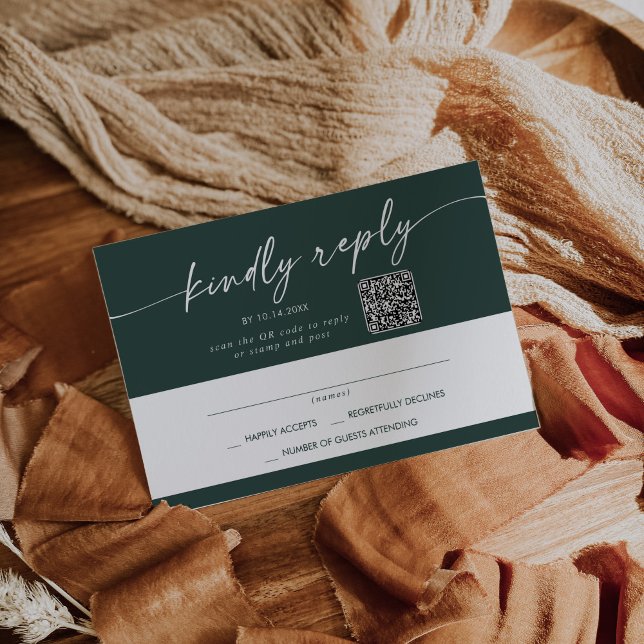 Boho Chic Emerald Green Mail In and QR Code RSVP Card (Creator Uploaded)