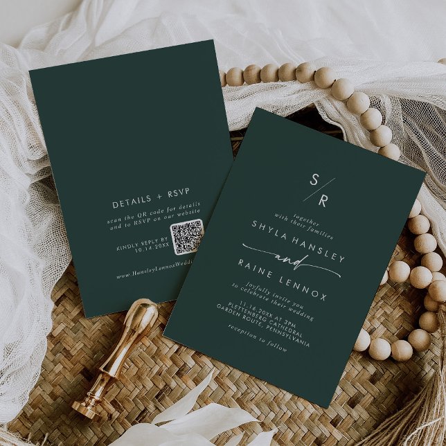 Boho Chic Emerald Green Monogram QR Code Wedding Invitation (Creator Uploaded)