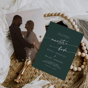 Boho Chic Emerald Green Photo Spanish Wedding Invitation