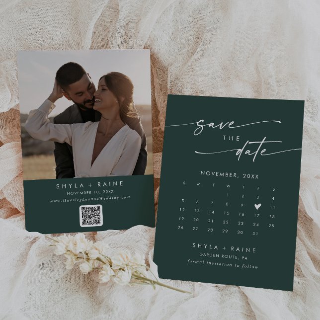 Boho Chic Emerald Green QR Code Photo Calendar Save The Date (Creator Uploaded)