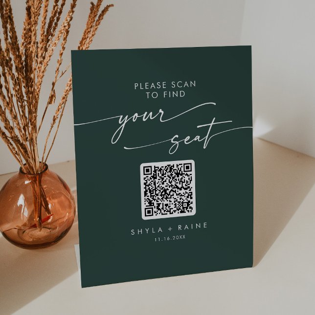 Boho Chic Emerald Green Seating Chart QR Code Pedestal Sign (Creator Uploaded)
