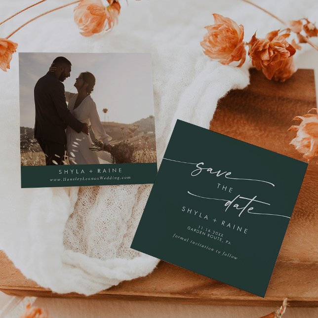 Boho Chic Emerald Green Square Photo Back Save The Date (Creator Uploaded)