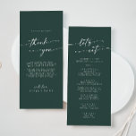 Boho Chic Emerald Green Thank You and Wedding Menu<br><div class="desc">This boho chic emerald green thank you and wedding menu is perfect for a minimalist wedding. The dark and moody hunter forest green modern bohemian design features simple rustic calligraphy with a unique yet classic style. Personalise the back of your menu table card with a thoughtful thank you note to...</div>