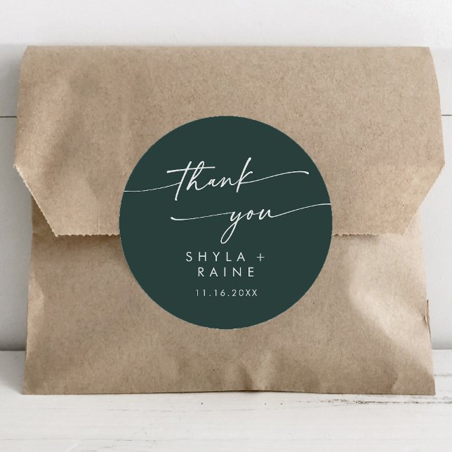 Boho Chic Emerald Green Thank You Wedding Favour Classic Round Sticker (Creator Uploaded)