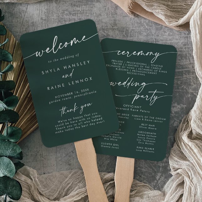 Boho Chic Emerald Green Wedding Program Hand Fan (Creator Uploaded)