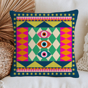 BOHO Chic Evil Eyes Abstract Maximalist Colourful Cushion