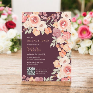 Boho chic fall peach plum qr code bridal shower invitation