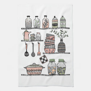 Boho Chic Farmhouse Decor Coral Pink Green Tea Towel