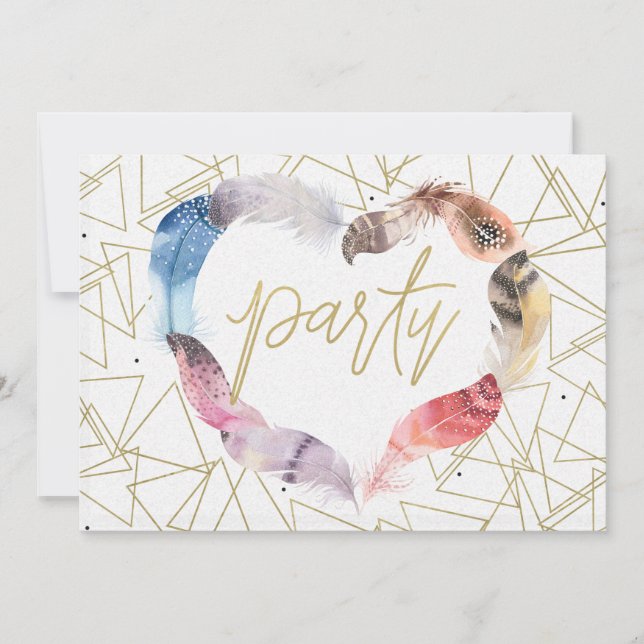Boho Chic Feather Heart Birthday Party Invitations (Front)