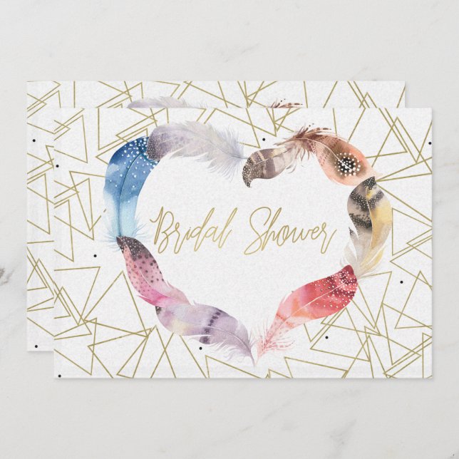 Boho Chic Feather Heart Bridal Shower Invitations (Front/Back)