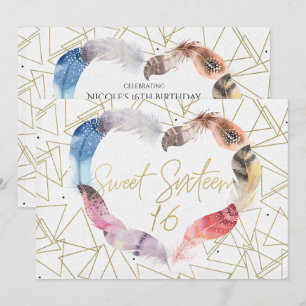 Boho Chic Feather Heart Sweet 16 Party Invitations