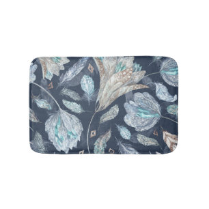 Boho Chic Feathers Flowers: Watercolor Dark Blue P Bath Mat
