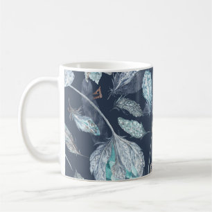 Boho Chic Feathers Flowers: Watercolor Dark Blue P Coffee Mug