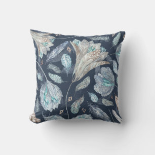 Boho Chic Feathers Flowers: Watercolor Dark Blue P Cushion