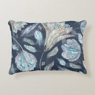 Boho Chic Feathers Flowers: Watercolor Dark Blue P Decorative Cushion