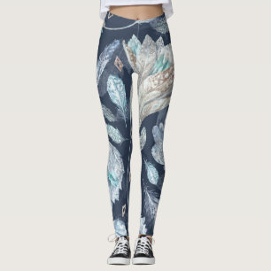 Boho Chic Feathers Flowers: Watercolor Dark Blue P Leggings