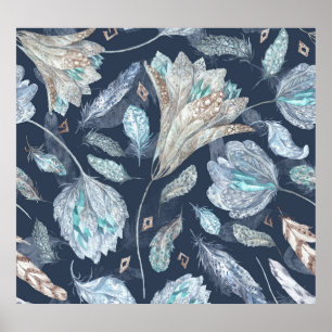 Boho Chic Feathers Flowers: Watercolor Dark Blue P Poster