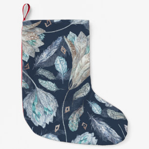Boho Chic Feathers Flowers: Watercolor Dark Blue P Small Christmas Stocking