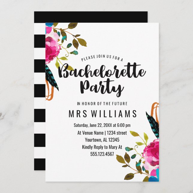 Boho Chic Floral Bachelorette Party Invitation (Front/Back)