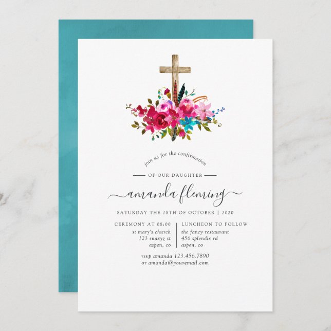 Boho Chic Floral Confirmation Invitation (Front/Back)