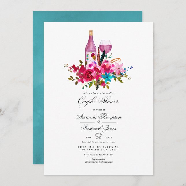 Boho Chic Floral Couples Shower Wine Tasting Invit Invitation (Front/Back)