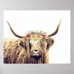 Boho Chic Floral Crown Longhorn Highland Cow Poster