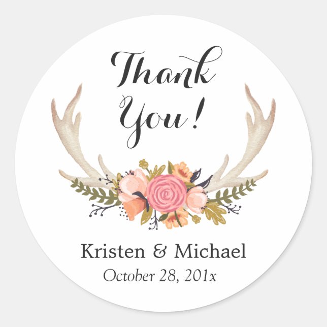 Boho Chic Floral Deer Antler Thank You Classic Round Sticker (Front)
