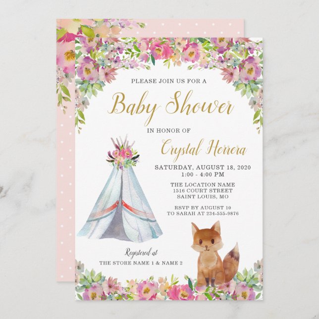 Boho Chic Floral Fox Teepee Tribal Baby Shower Invitation (Front/Back)