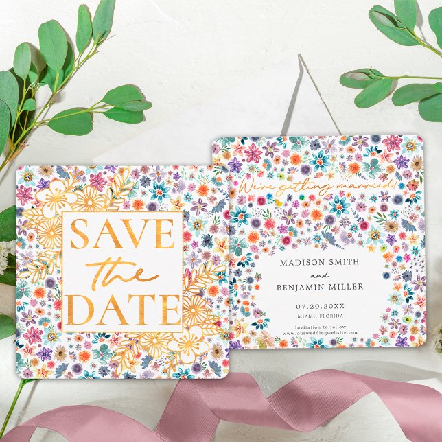 Boho Chic Floral Gold Wildflower Garden Wedding Save The Date (Front/Back)