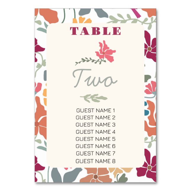 Boho Chic Floral Mid Century Retro Wedding Table Number (Front)