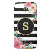 Boho Chic Floral Monogram Black Gold iPhone 7 Case