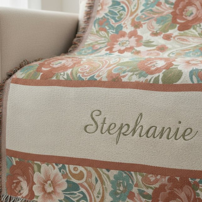 Boho Chic Floral Paisley Pattern Throw Blanket (Personalized heirloom floral throw blanket)